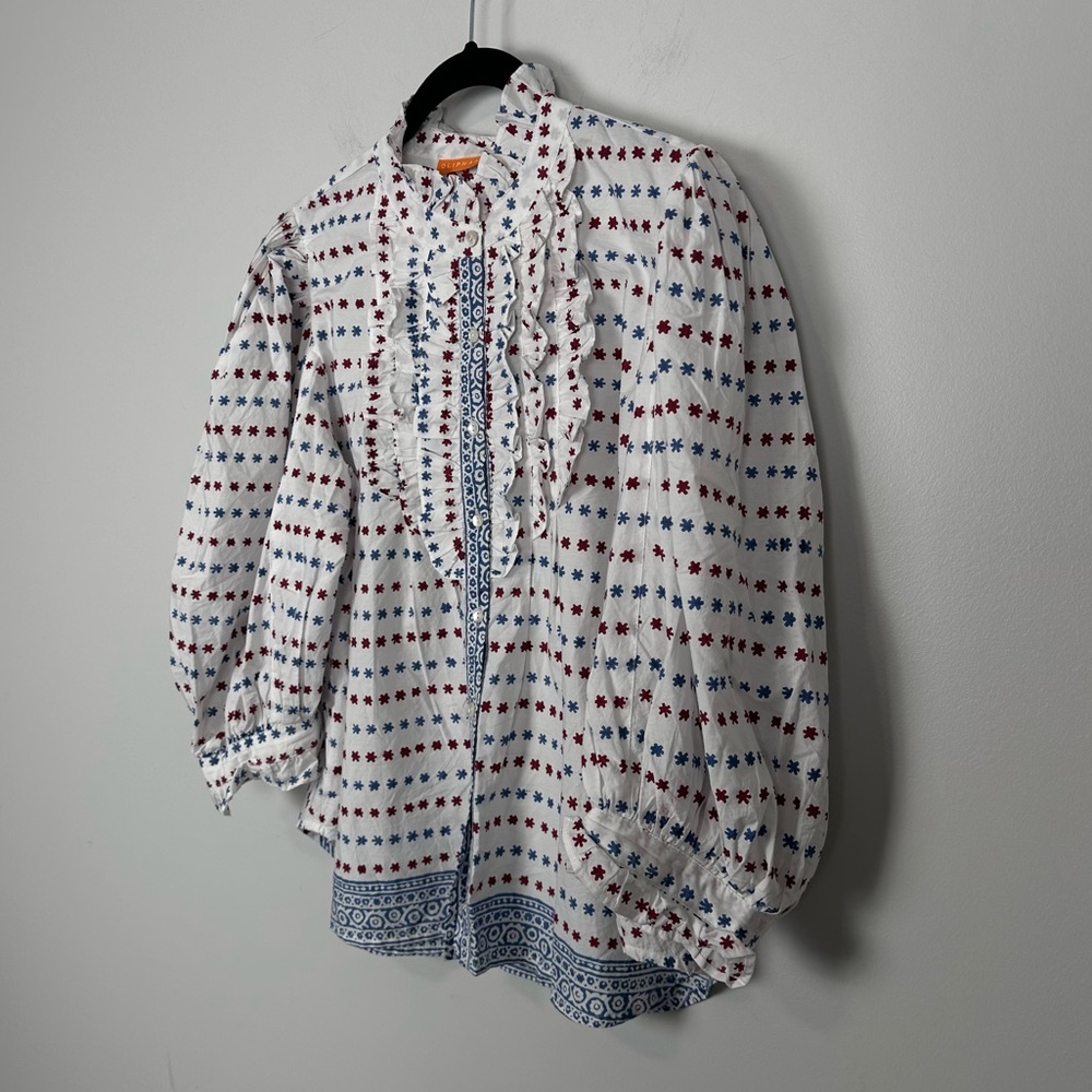 OLIPHANT Ellis Blue Ruffle Front Button Blouse - Picture 9 of 12